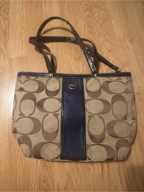 Coach Handbags - Coach Brown Signature Canvas Tote with Navy Center Stripe